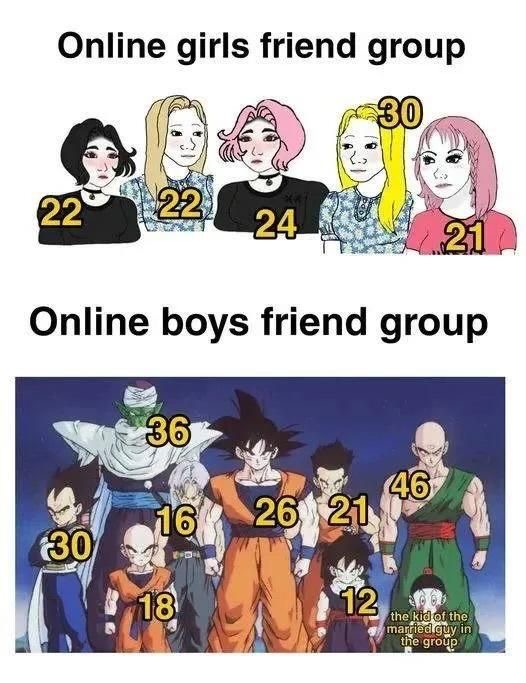 Online girls friend group
30
22
22
24
21
Online boys friend group
36
16
26
46
21
30
18
12
the kid of the married guy in the group boys girls meme