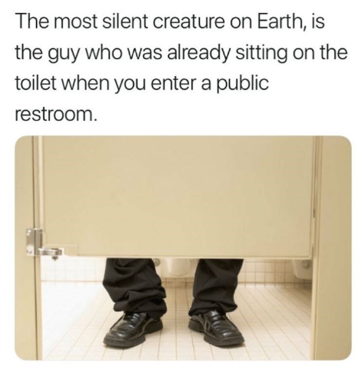 The most silent creature on Earth, is
the guy who was already sitting on the
toilet when you enter a public
restroom.